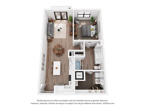A 3D floor plan of a small apartment with a kitchen, living room, and bathroom.